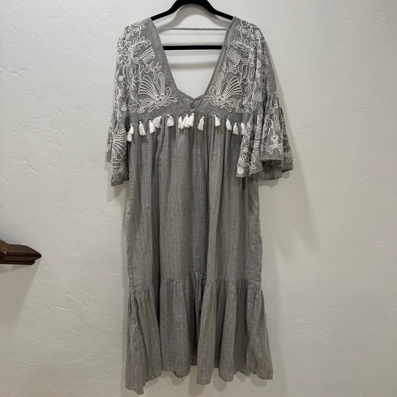 Anthropologie Maeve Tisdale Embroidered Tassel Midi Dress Women 6 Oversized Gray - Picture 11 of 16